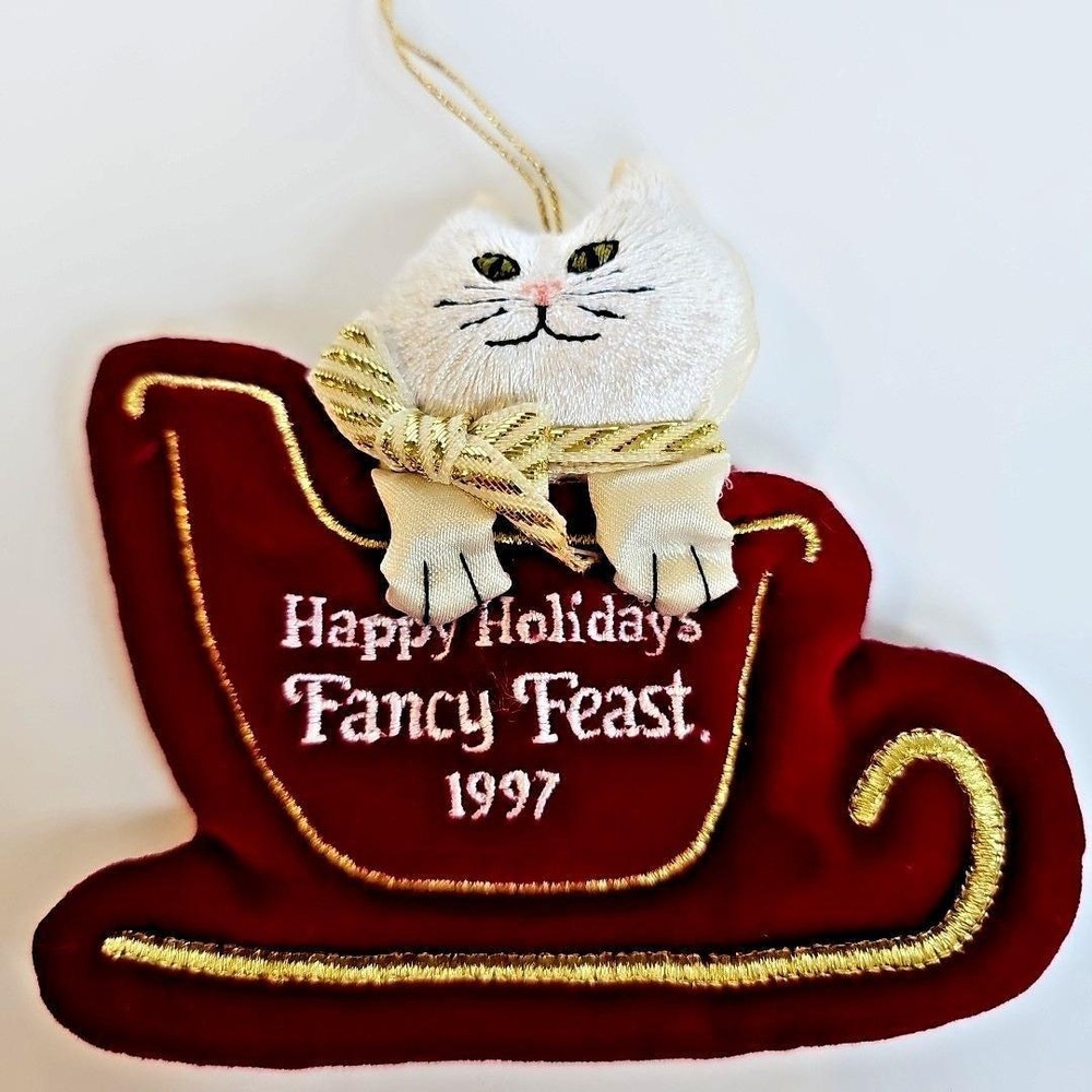 1997 Fancy Feast Cat Ornament Red Velvet Sleigh White Persian Plush Christmas